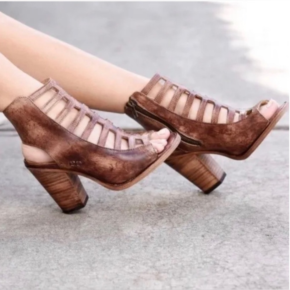 Bed Stu Occam Cognac Cage Western Heel Sandals Booties Peep Toe Shoes Size 7.5